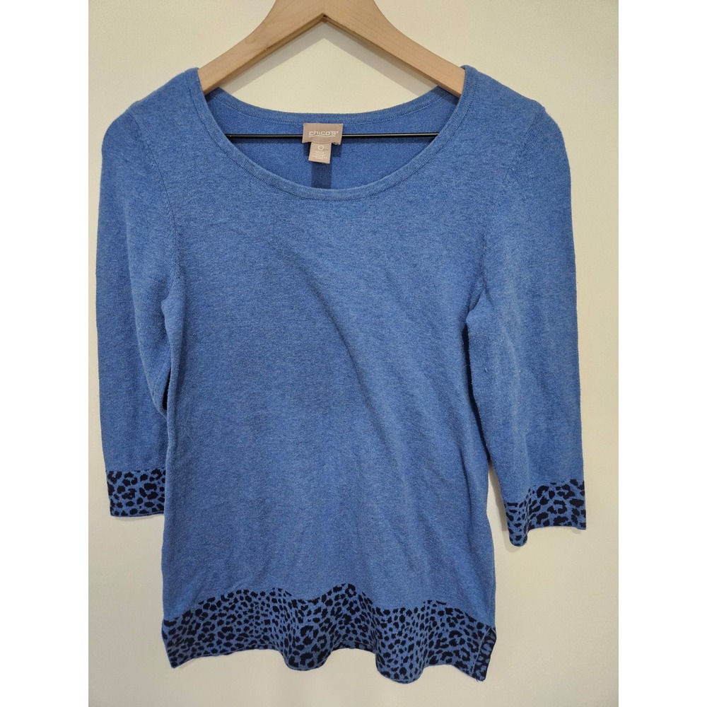 Chico's Blue Leopard Trim 3/4 Sleeve Cotton Blend Sweater Size 0 XS S